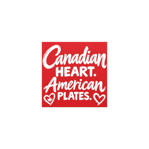 Canadian Heart, American Plates car magnet, 5 x 5 inch red and white design with hearts and a maple leaf