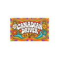 Canadian Driver, U.S. Plates car magnet, 7.5 x 4.5 inch retro flower power design with peace signs and rainbow rays