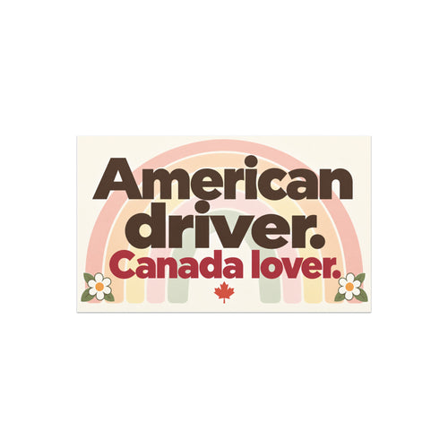 American Driver, Canada Lover car magnet, 7.5 x 4.5 inch retro rainbow design with daisies and a maple leaf