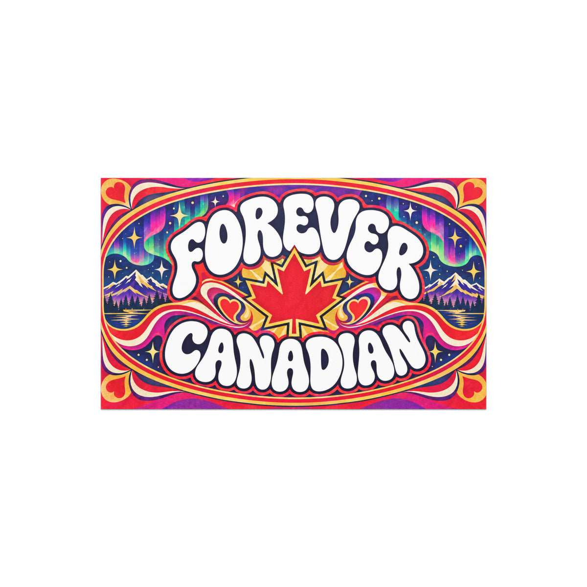 Forever Canadian car magnet, 7.5 x 4.5 inch retro design with red maple leaf, northern lights, and mountains