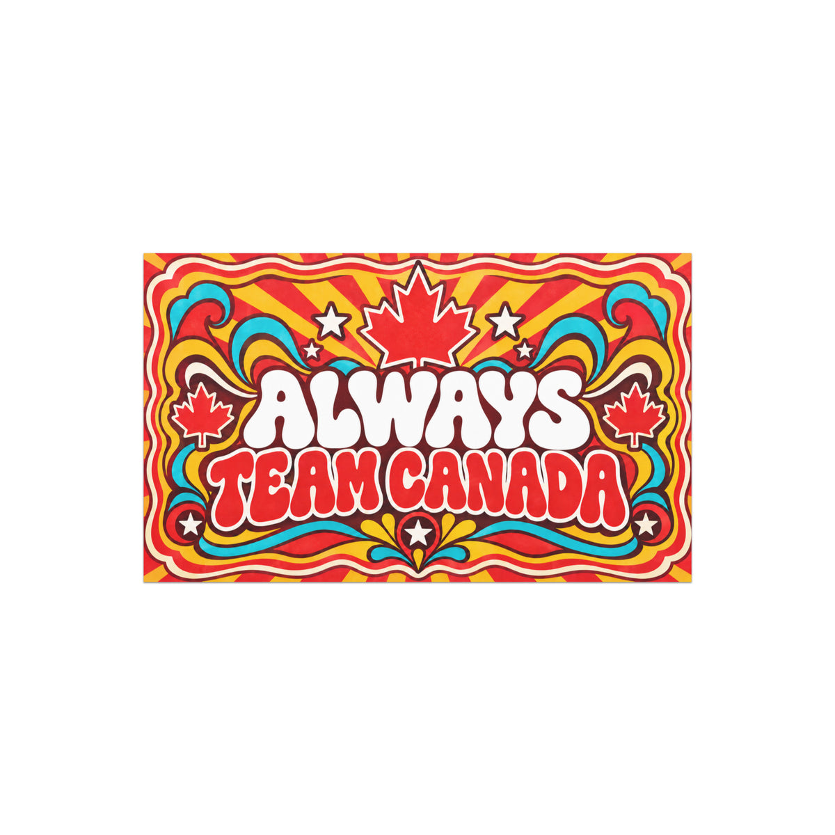 Always Team Canada car magnet, 7.5 x 4.5 inch retro 1970s design with maple leaves and starbursts